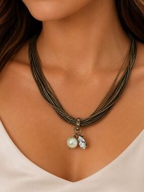 KR by Silpada Multi Strand Necklace Pearl Crystal Pendant Adjustable